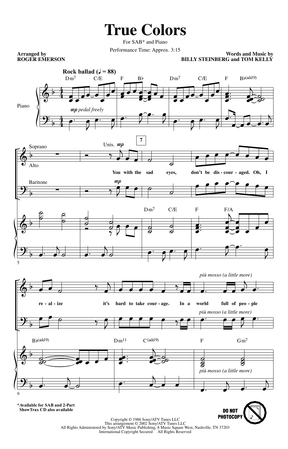 Cyndi Lauper True Colors arr Roger Emerson Sheet Music PDF Notes 