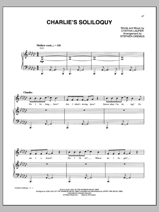Learn to play Cynthia Lauper Charlie's Soliloquy sheet music for Piano & Vocal in minutes. Cynthia Lauper Charlie's Soliloquy sheet music notes and chords. Download Printable PDF.