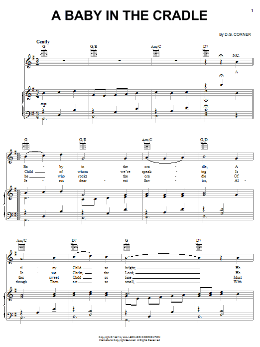Learn to play D.G. Corner A Baby In The Cradle sheet music for Easy Lead Sheet / Fake Book in minutes. Price: 5.9900$ D.G. Corner A Baby In The Cradle sheet music notes and chords arranged for Easy Lead Sheet / Fake Book