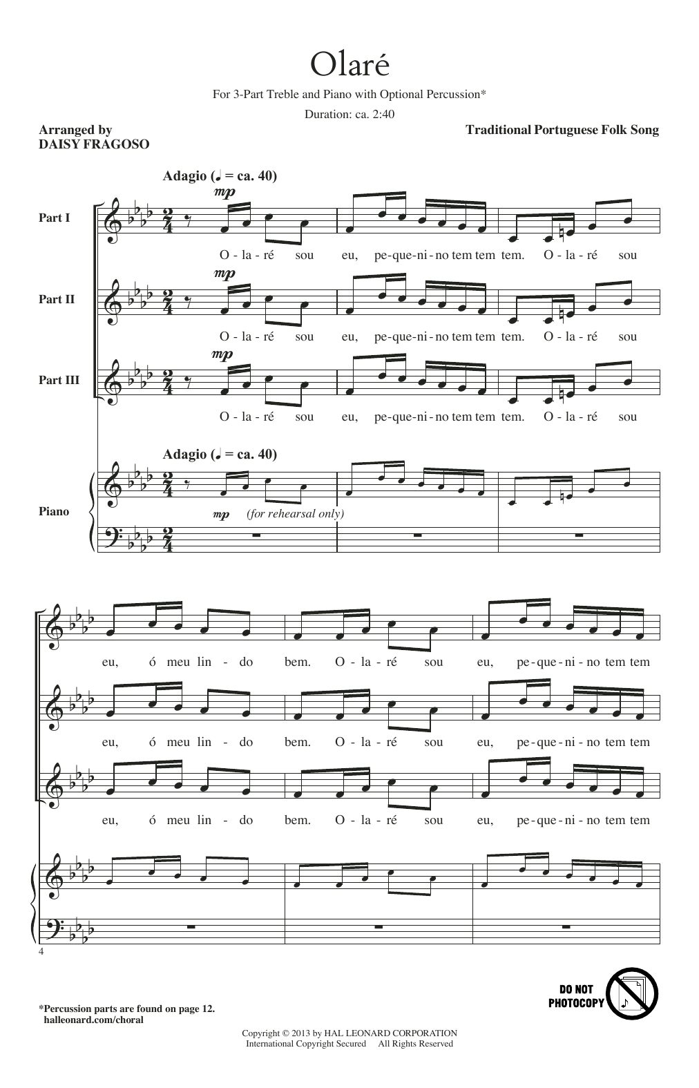 Daisy Fragoso Olare sheet music notes and chords. Download Printable PDF.