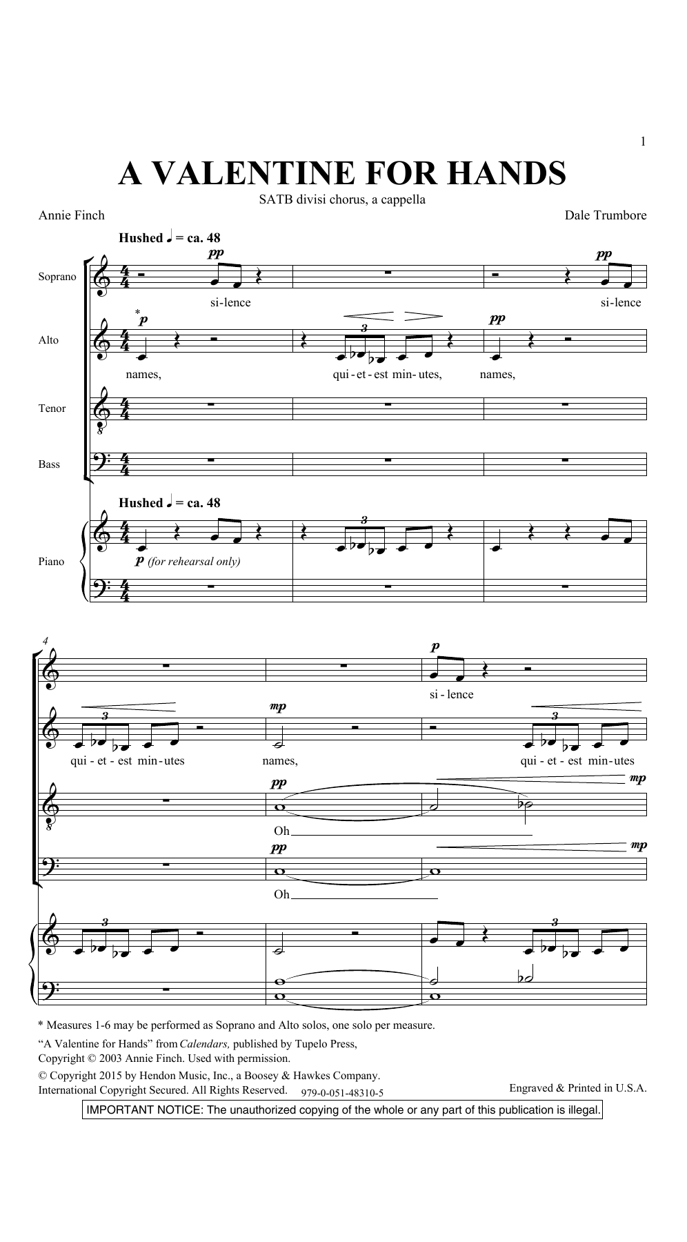 Learn to play Dale Trumbore A Valentine For Hands sheet music for SATB Choir in minutes. Price: 3.9900$ Dale Trumbore A Valentine For Hands sheet music notes and chords arranged for SATB Choir