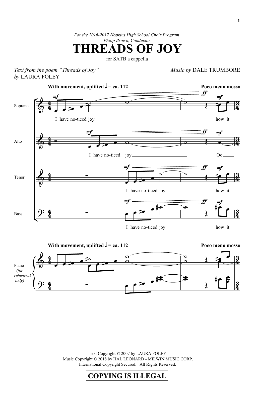 Learn to play Dale Trumbore Threads Of Joy sheet music for SATB Choir in minutes. Price: 3.9900$ Dale Trumbore Threads Of Joy sheet music notes and chords arranged for SATB Choir
