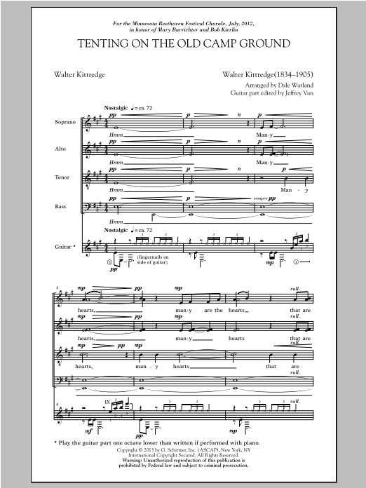 Learn to play Walter Kittredge Tenting On The Old Camp Ground (arr. Dale Warland) sheet music for SATB Choir in minutes. Price: 3.9900$ Walter Kittredge Tenting On The Old Camp Ground (arr. Dale Warland) sheet music notes and chords arranged for SATB Choir