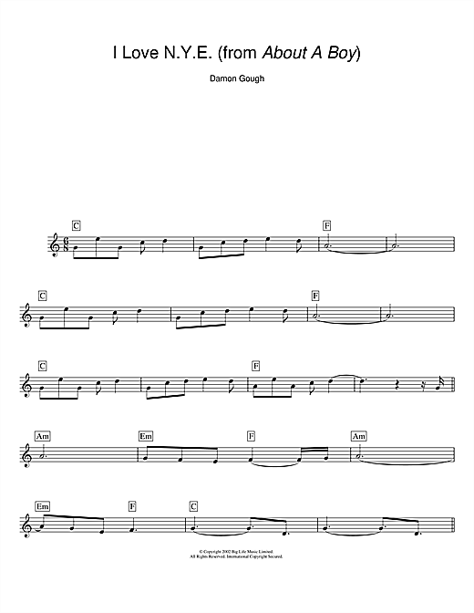 Learn to play Damon Gough I Love N.Y.E. (from About A Boy) sheet music for Piano Chords/Lyrics in minutes. Price: 3.9900$ Damon Gough I Love N.Y.E. (from About A Boy) sheet music notes and chords arranged for Piano Chords/Lyrics