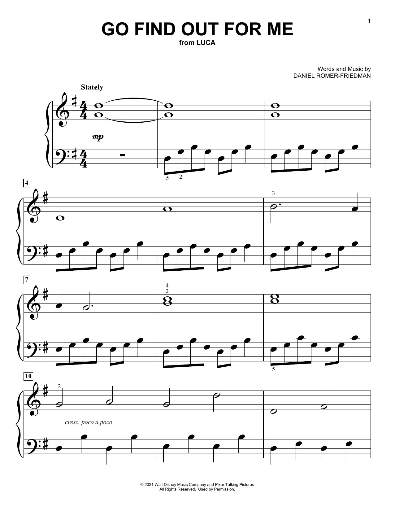 Dan Romer Go Find Out For Me (from Luca) sheet music notes and chords arranged for Big Note Piano