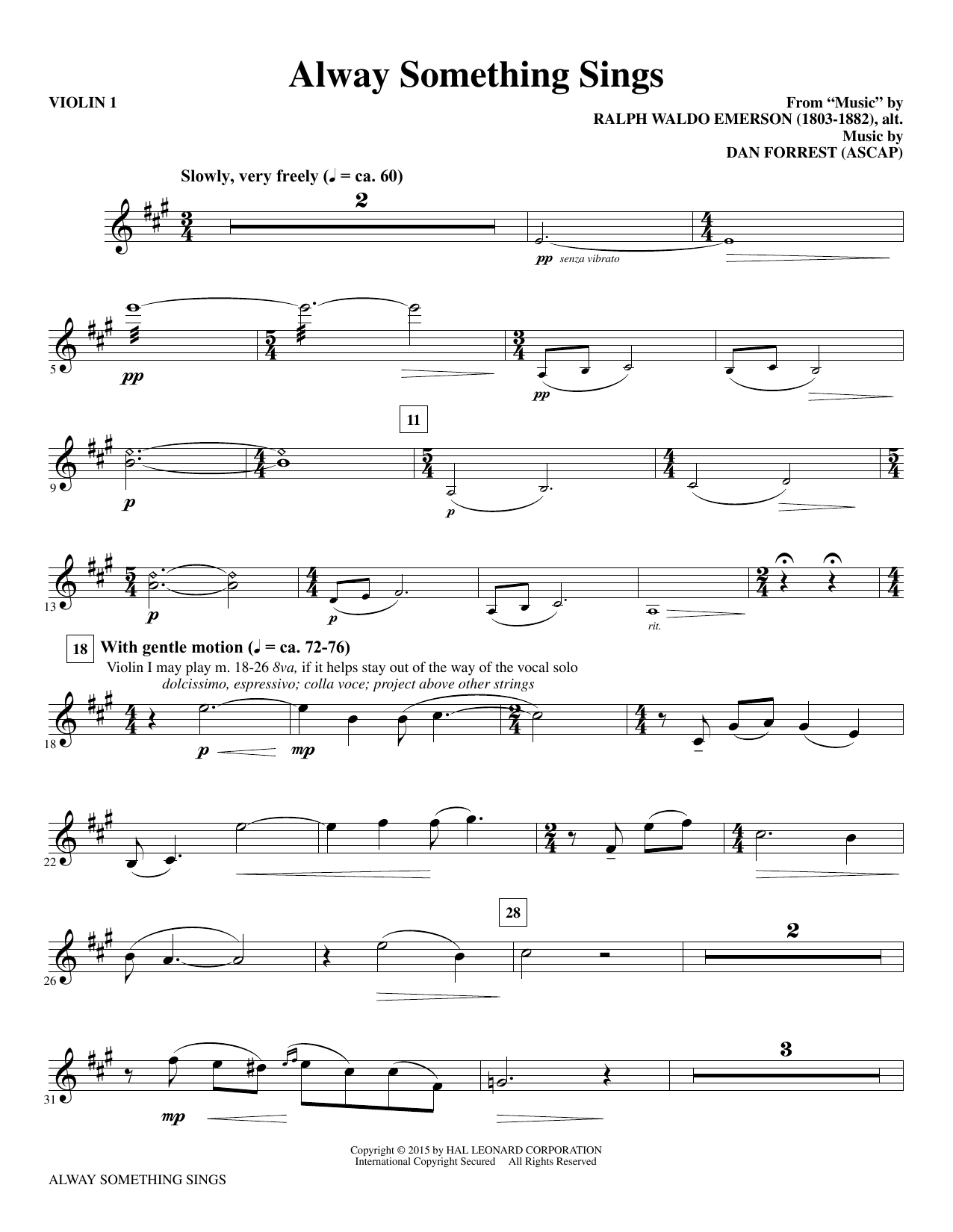 Learn to play Dan Forrest Alway Something Sings - Violin 1 sheet music for Choir Instrumental Pak in minutes. Dan Forrest Alway Something Sings - Violin 1 sheet music notes and chords. Download Printable PDF.
