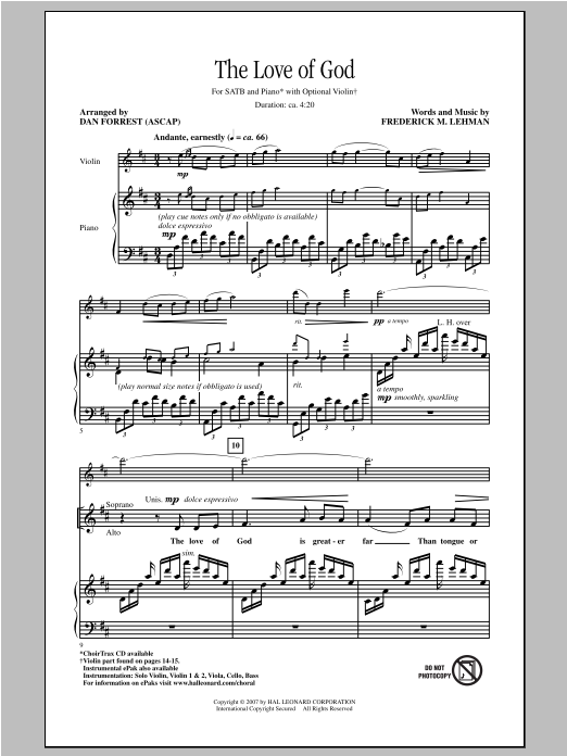 Learn to play Dan Forrest The Love Of God sheet music for SATB Choir in minutes. Price: 3.9900$ Dan Forrest The Love Of God sheet music notes and chords arranged for SATB Choir