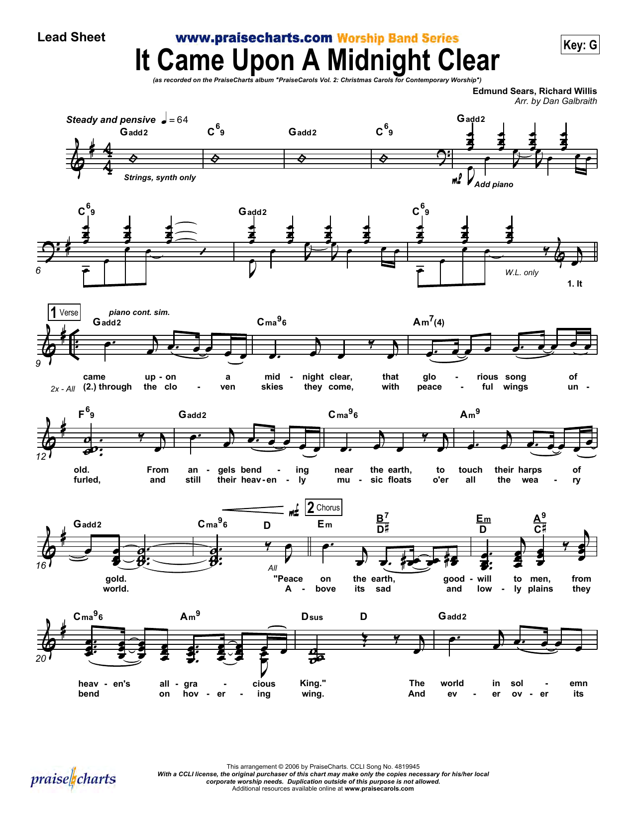 Dan Galbraith It Came upon a Midnight Clear sheet music notes and chords arranged for Lead Sheet / Fake Book