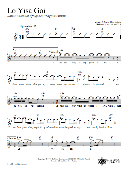 Dan Nichols Lo Yisa Goi sheet music notes and chords. Download Printable PDF.