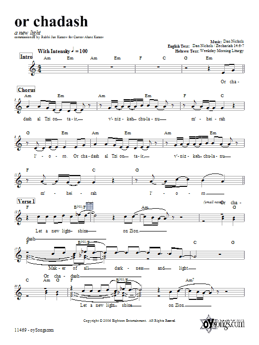 Dan Nichols Or Chadash sheet music notes and chords. Download Printable PDF.