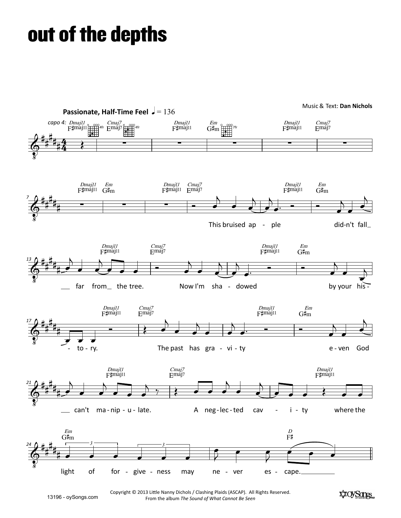 Learn to play Dan Nichols Out of the Depths sheet music for Lead Sheet / Fake Book in minutes. Price: 5.9900$ Dan Nichols Out of the Depths sheet music notes and chords arranged for Lead Sheet / Fake Book