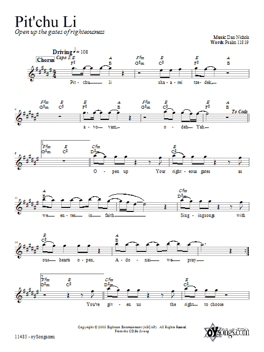 Dan Nichols Pit'chu Li sheet music notes and chords. Download Printable PDF.