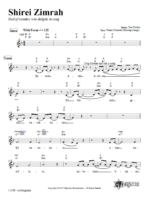 Dan Nichols Shirei Zimrah sheet music notes and chords. Download Printable PDF.