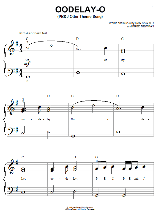 Learn to play Dan Sawyer Oodelay-O (PB&J Otter Theme Song) sheet music for Big Note Piano in minutes. Price: 6.9900$ Dan Sawyer Oodelay-O (PB&J Otter Theme Song) sheet music notes and chords arranged for Big Note Piano