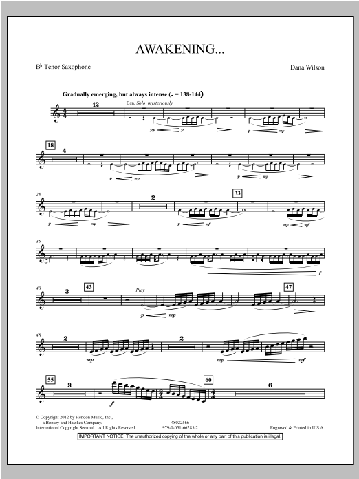 Learn to play Dana Wilson Awakening... - Bb Tenor Saxophone sheet music for Concert Band in minutes. Dana Wilson Awakening... - Bb Tenor Saxophone sheet music notes and chords. Download Printable PDF.
