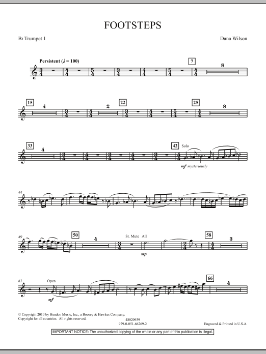 Learn to play Dana Wilson Footsteps - Bb Trumpet 1 sheet music for Concert Band in minutes. Dana Wilson Footsteps - Bb Trumpet 1 sheet music notes and chords. Download Printable PDF.