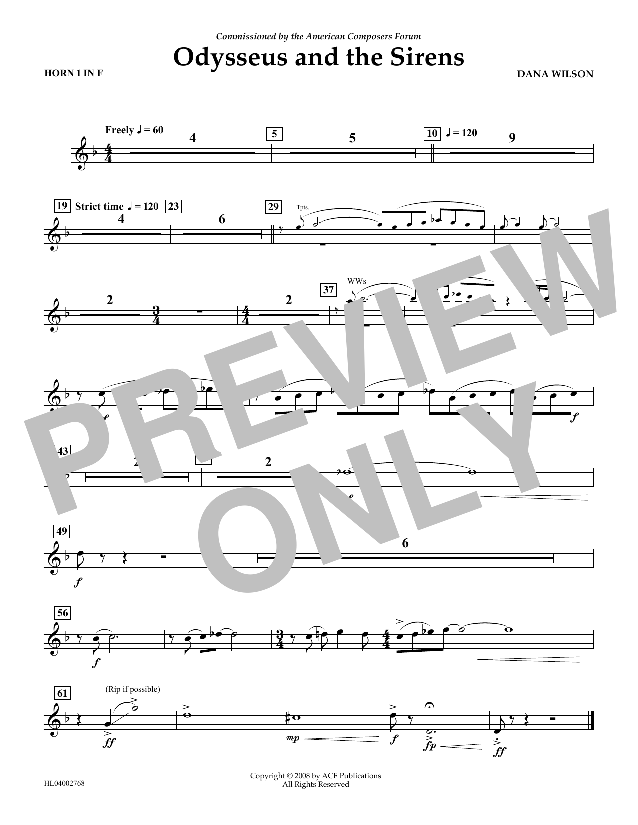 Learn to play Dana Wilson Odysseus and the Sirens - F Horn 1 sheet music for Concert Band in minutes. Price: 5.9900$ Dana Wilson Odysseus and the Sirens - F Horn 1 sheet music notes and chords arranged for Concert Band
