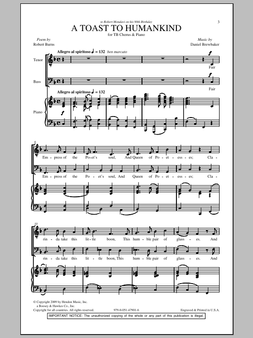 Learn to play Daniel Brewbaker A Toast To Humankind sheet music for TB Choir in minutes. Price: 3.9900$ Daniel Brewbaker A Toast To Humankind sheet music notes and chords arranged for TB Choir