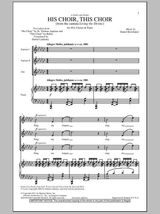 Learn to play Daniel Brewbaker His Choir, This Choir sheet music for SSA Choir in minutes. Price: 3.9900$ Daniel Brewbaker His Choir, This Choir sheet music notes and chords arranged for SSA Choir