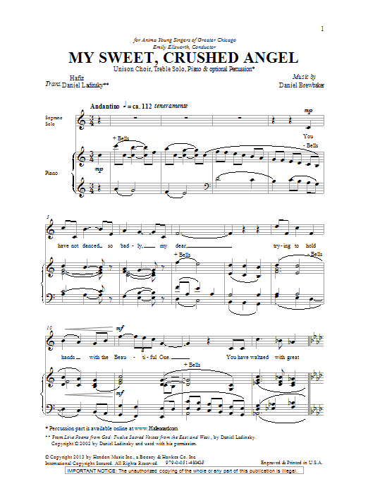 Learn to play Daniel Brewbaker My Sweet, Crushed Angel sheet music for Unison Choir in minutes. Price: 3.9900$ Daniel Brewbaker My Sweet, Crushed Angel sheet music notes and chords arranged for Unison Choir