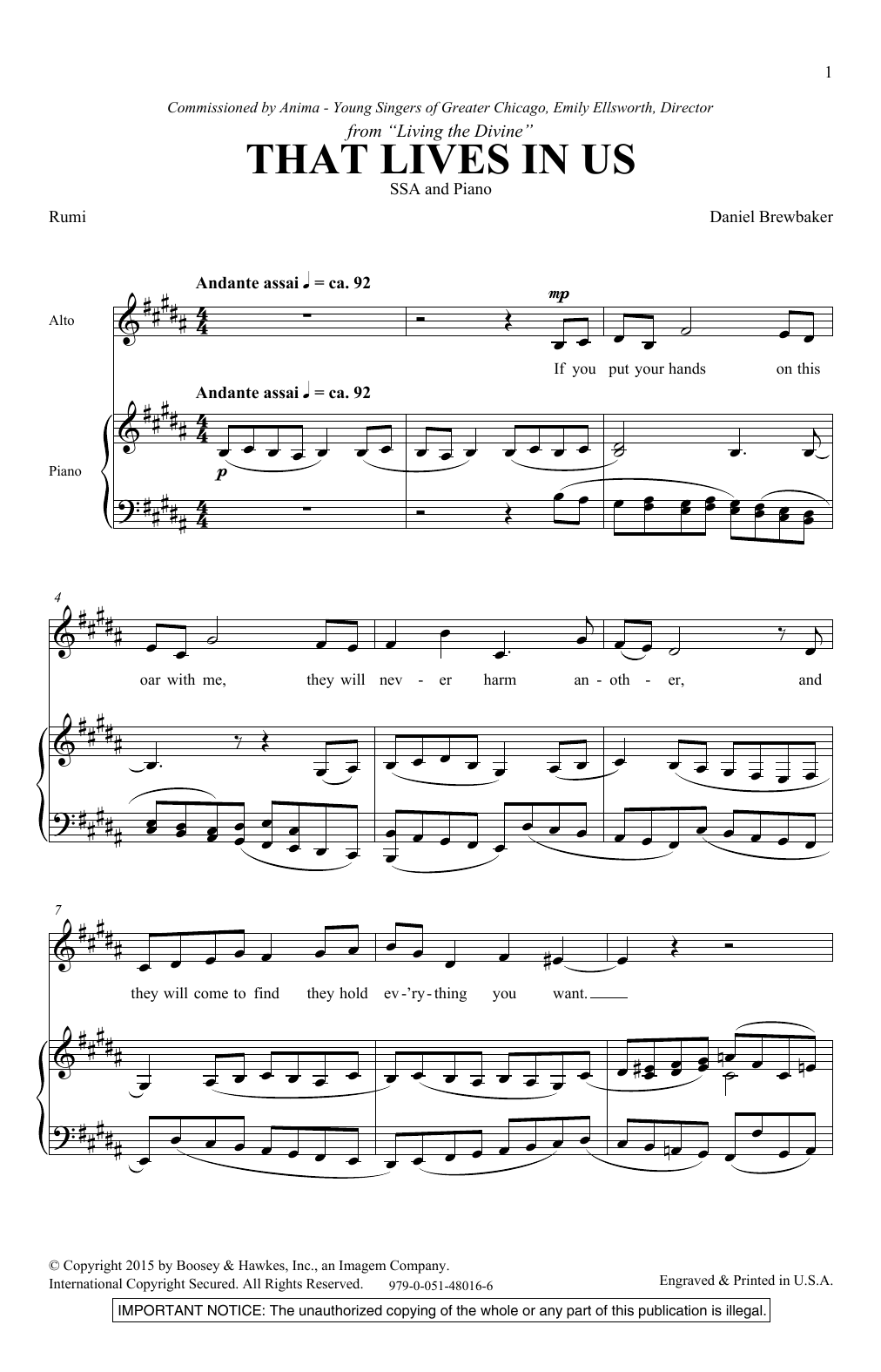 Learn to play Daniel Brewbaker That Lives In Us sheet music for SSA Choir in minutes. Price: 3.9900$ Daniel Brewbaker That Lives In Us sheet music notes and chords arranged for SSA Choir
