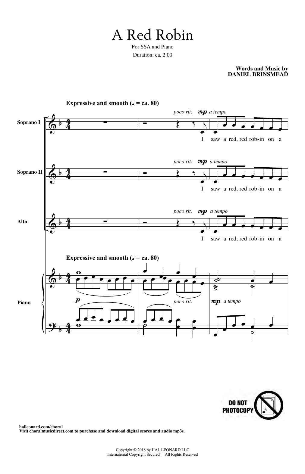 Daniel Brinsmead A Red Robin sheet music notes and chords. Download Printable PDF.