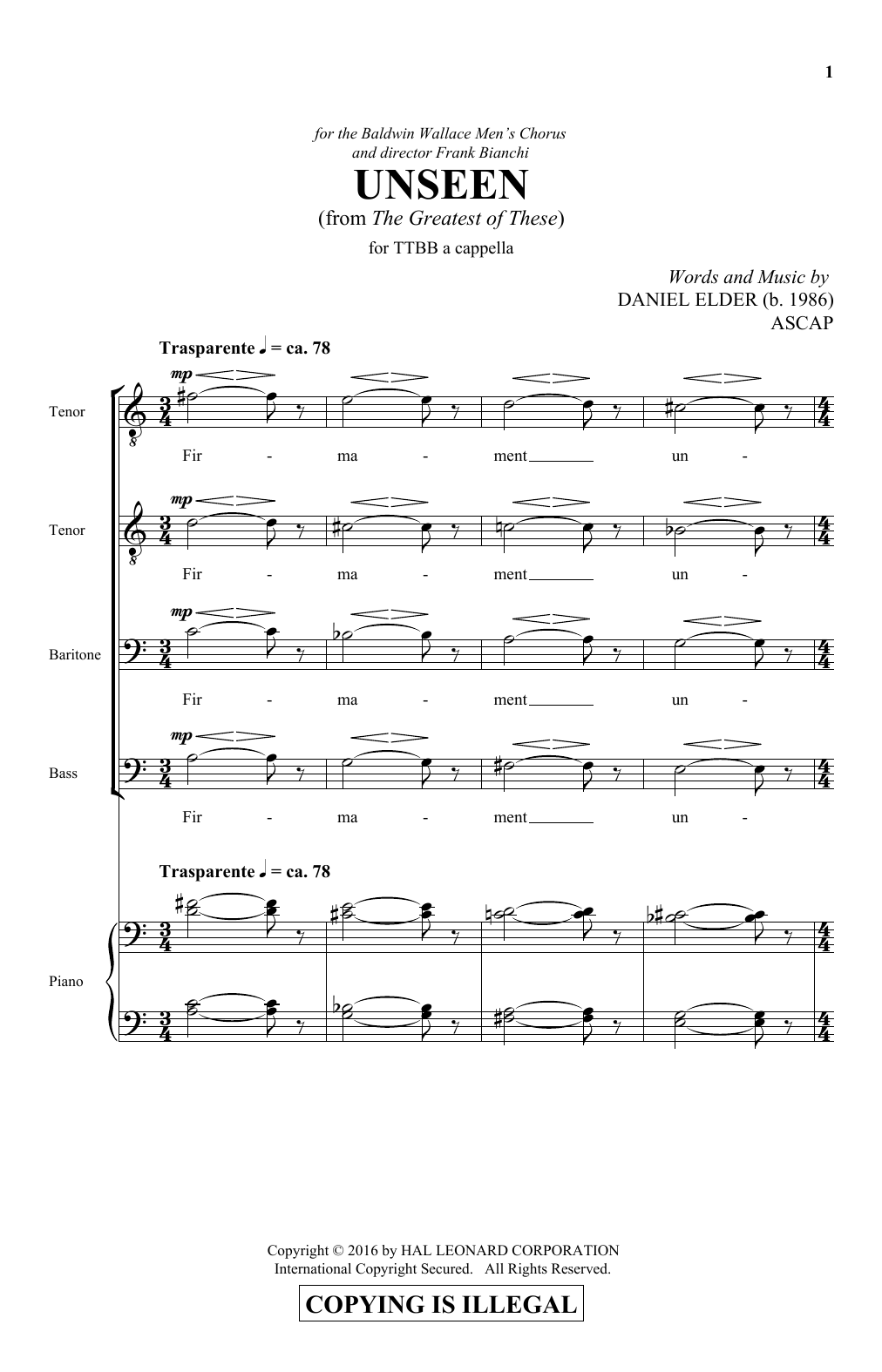 Daniel Elder Unseen sheet music notes and chords. Download Printable PDF.