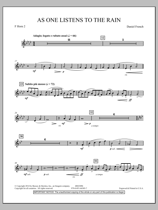 Learn to play Daniel French As One Listens to the Rain - F Horn 2 sheet music for Concert Band in minutes. Daniel French As One Listens to the Rain - F Horn 2 sheet music notes and chords. Download Printable PDF.