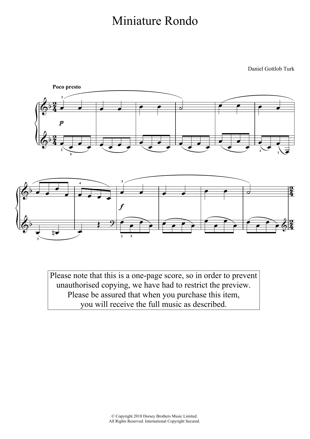 Daniel Gottlob Turk Miniature Rondo sheet music notes and chords. Download Printable PDF.