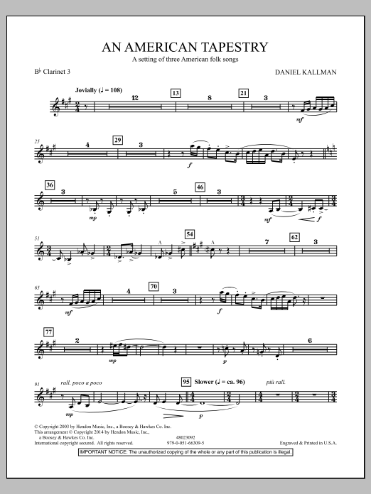 Learn to play Daniel Kallman An American Tapestry (for Wind Ensemble) - Bb Clarinet 3 sheet music for Concert Band in minutes. Daniel Kallman An American Tapestry (for Wind Ensemble) - Bb Clarinet 3 sheet music notes and chords
