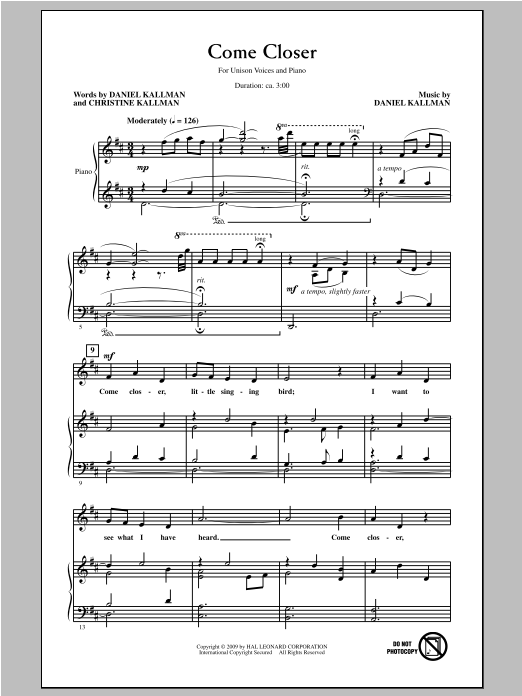 Daniel Kallman Come Closer sheet music notes and chords. Download Printable PDF.