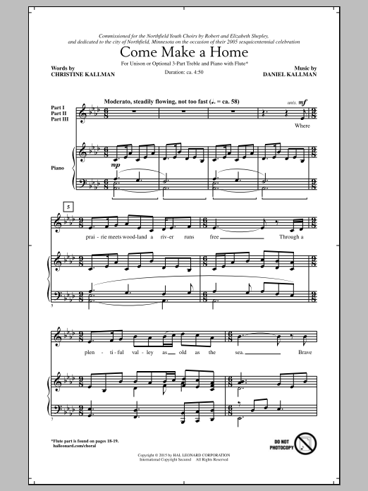 Learn to play Daniel Kallman Come Make A Home sheet music for 3-Part Treble Choir in minutes. Price: 3.9900$ Daniel Kallman Come Make A Home sheet music notes and chords arranged for 3-Part Treble Choir