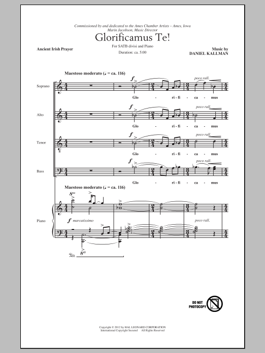 Learn to play Daniel Kallman Glorificamus Te! sheet music for SATB Choir in minutes. Price: 3.9900$ Daniel Kallman Glorificamus Te! sheet music notes and chords arranged for SATB Choir