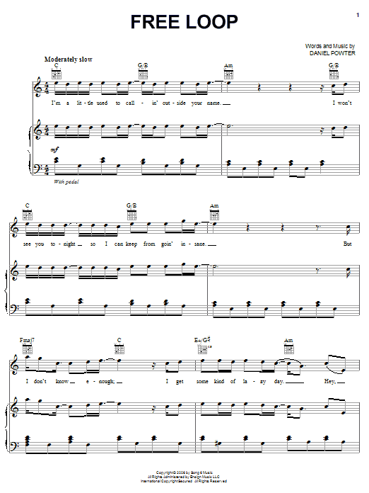 Daniel Powter Free Loop sheet music notes and chords. Download Printable PDF.
