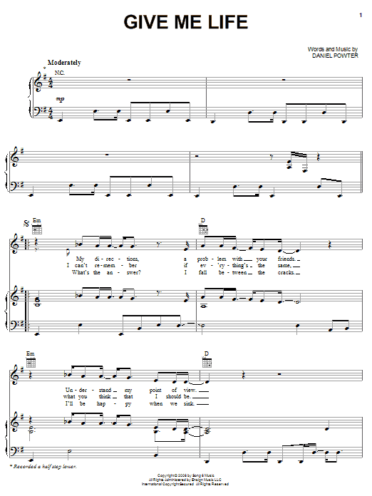 Daniel Powter Give Me Life sheet music notes and chords. Download Printable PDF.