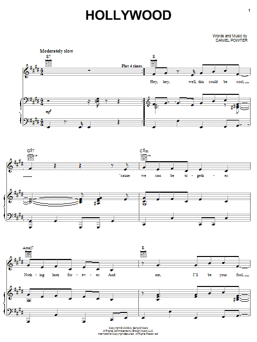 Daniel Powter Hollywood sheet music notes and chords. Download Printable PDF.