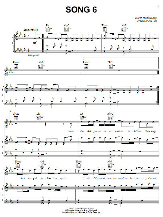 Daniel Powter Song 6 sheet music notes and chords. Download Printable PDF.
