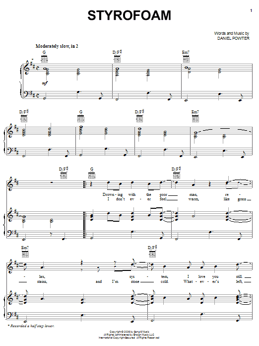 Daniel Powter Styrofoam sheet music notes and chords. Download Printable PDF.