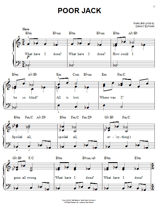 Danny Elfman Poor Jack (from The Nightmare Before Christmas) sheet music notes and chords arranged for Easy Piano