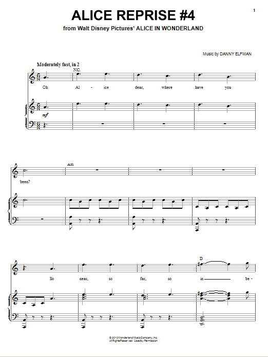 Danny Elfman Alice Reprise #4 sheet music notes and chords arranged for Piano, Vocal & Guitar Chords (Right-Hand Melody)