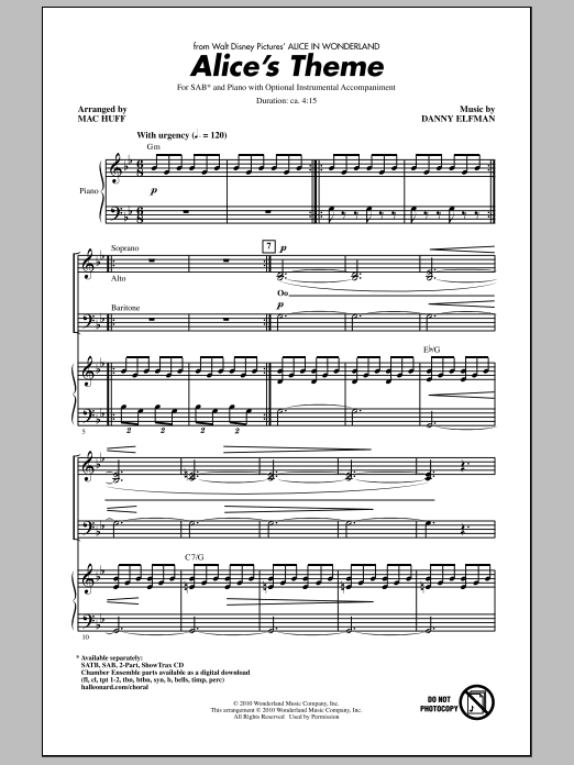 Danny Elfman Alice's Theme (from Alice In Wonderland) (arr. Mac Huff) sheet music notes and chords arranged for SAB Choir