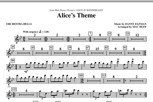 Learn to play Danny Elfman Alice's Theme (from Alice In Wonderland) (arr. Mac Huff) - Bells sheet music for Choir Instrumental Pak in minutes. Danny Elfman Alice's Theme (from Alice In Wonderland) (arr. Mac Huff) - Bells sheet music notes and chords. Download Printable PDF.