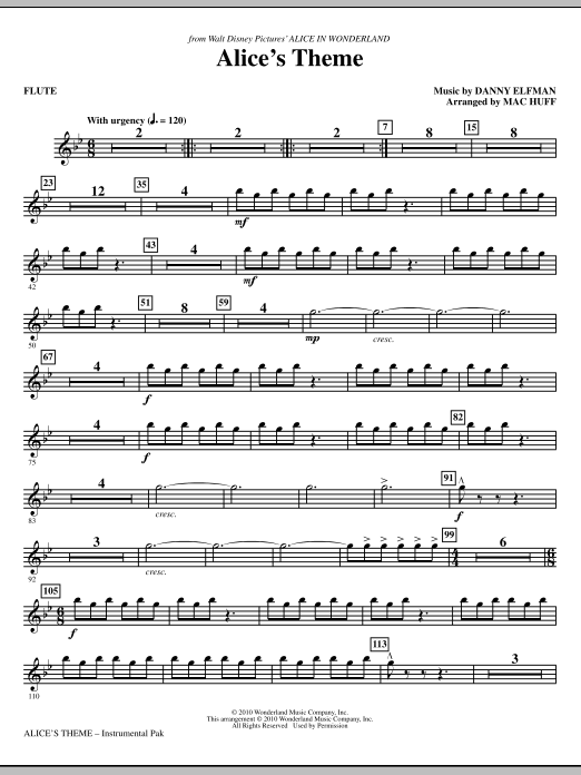 Learn to play Danny Elfman Alice's Theme (from Alice In Wonderland) (arr. Mac Huff) - Flute sheet music for Choir Instrumental Pak in minutes. Danny Elfman Alice's Theme (from Alice In Wonderland) (arr. Mac Huff) - Flute sheet music notes and chords. Download Printable PDF.