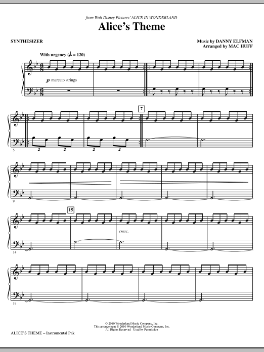 Learn to play Danny Elfman Alice's Theme (from Alice In Wonderland) (arr. Mac Huff) - Synthesizer sheet music for Choir Instrumental Pak in minutes. Danny Elfman Alice's Theme (from Alice In Wonderland) (arr. Mac Huff) - Synthesizer sheet music notes and chords. Download Printable PDF.