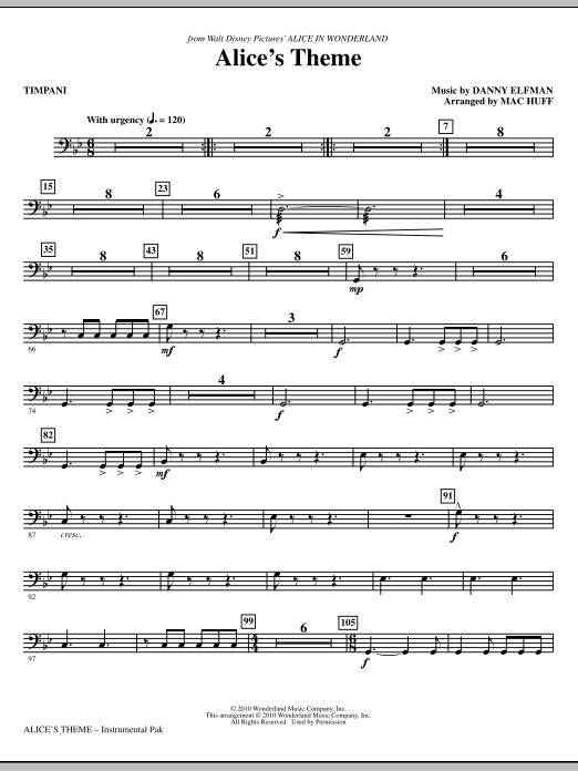 Learn to play Danny Elfman Alice's Theme (from Alice In Wonderland) (arr. Mac Huff) - Timpani sheet music for Choir Instrumental Pak in minutes. Danny Elfman Alice's Theme (from Alice In Wonderland) (arr. Mac Huff) - Timpani sheet music notes and chords. Download Printable PDF.