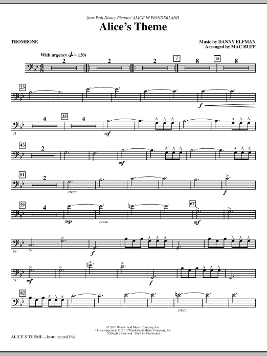 Learn to play Danny Elfman Alice's Theme (from Alice In Wonderland) (arr. Mac Huff) - Trombone sheet music for Choir Instrumental Pak in minutes. Danny Elfman Alice's Theme (from Alice In Wonderland) (arr. Mac Huff) - Trombone sheet music notes and chords. Download Printable PDF.