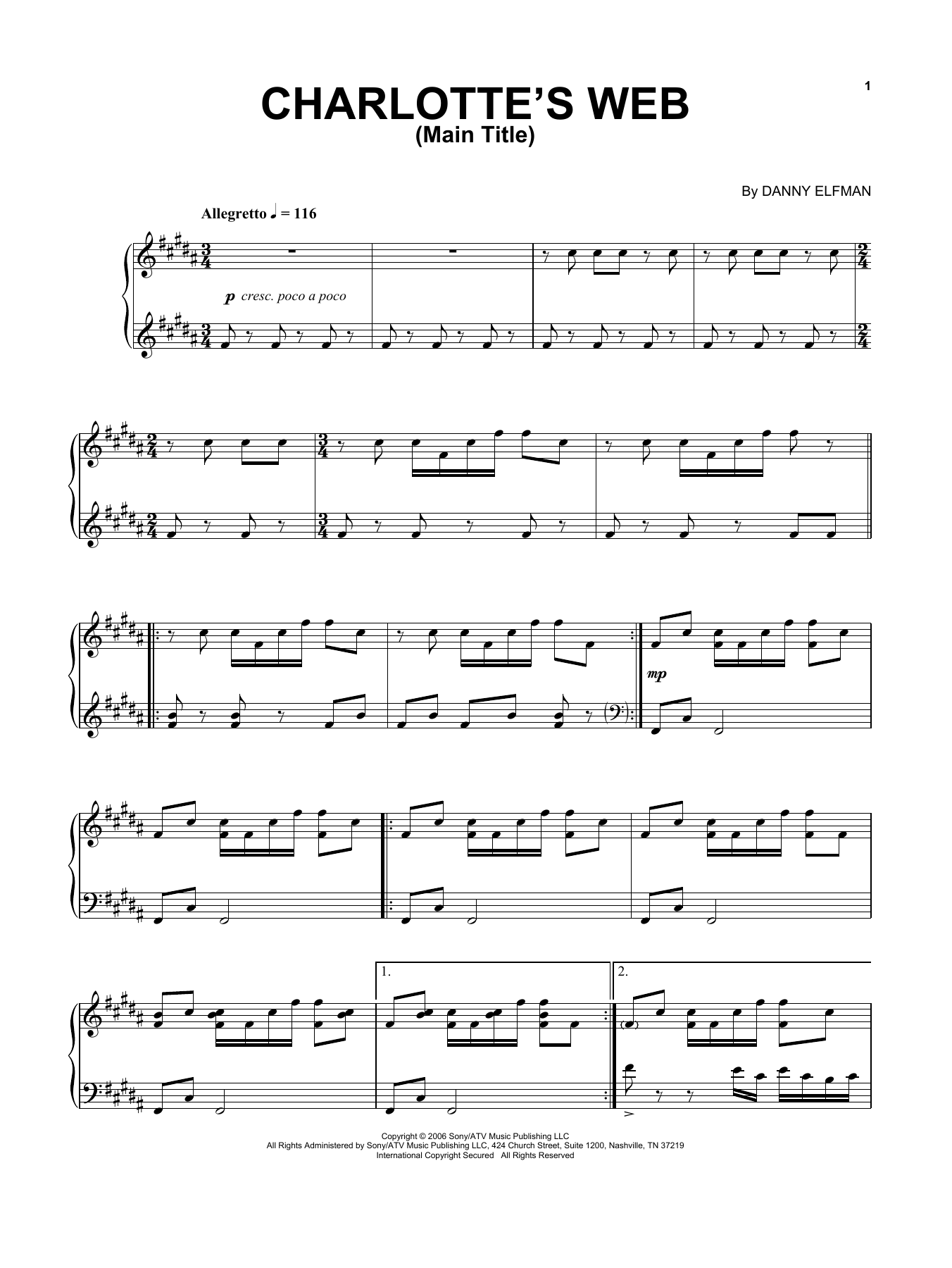 Learn to play Danny Elfman Charlotte's Web Main Title sheet music for Piano Solo in minutes. Danny Elfman Charlotte's Web Main Title sheet music notes and chords