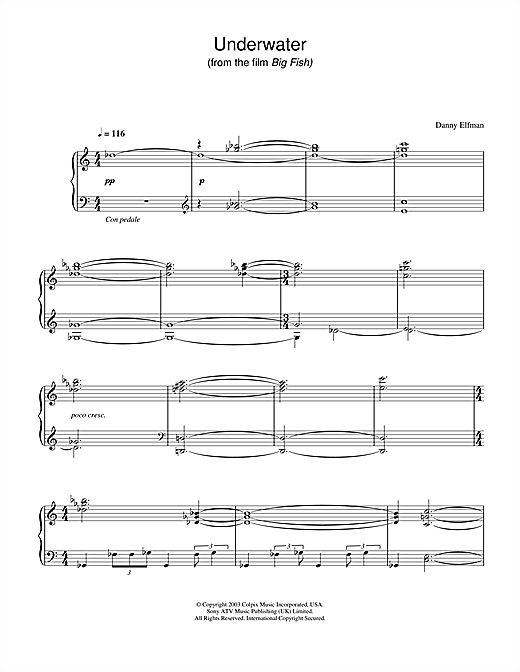 Learn to play Danny Elfman Underwater (from Big Fish) sheet music for Piano Solo in minutes. Danny Elfman Underwater (from Big Fish) sheet music notes and chords. Download Printable PDF.