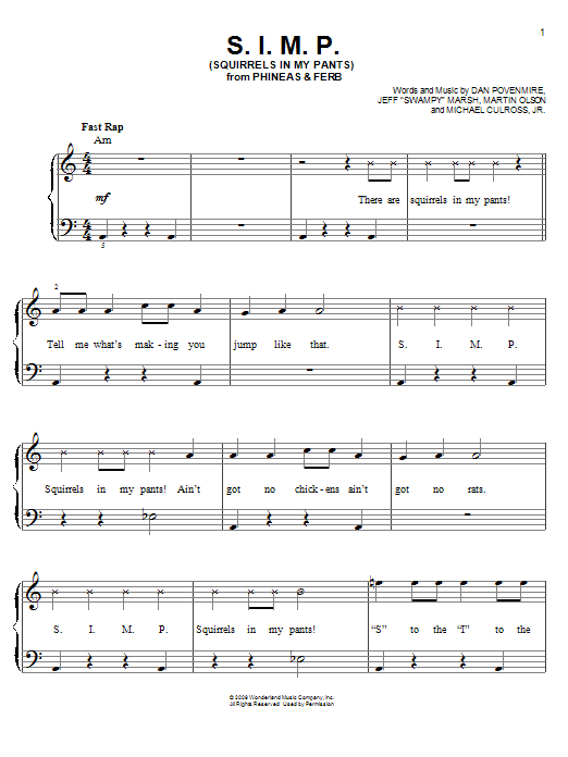 Learn to play Danny Jacob S.I.M.P. (Squirrels In My Pants) sheet music for Easy Piano in minutes. Price: 6.9900$ Danny Jacob S.I.M.P. (Squirrels In My Pants) sheet music notes and chords arranged for Easy Piano