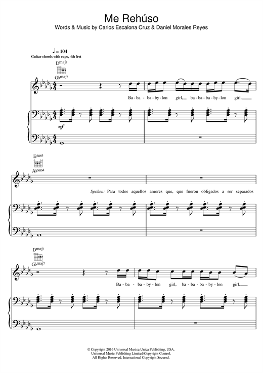 Learn to play Danny Ocean Me Rehúso sheet music for Piano, Vocal & Guitar in minutes. Danny Ocean Me Rehúso sheet music notes and chords. Download Printable PDF.